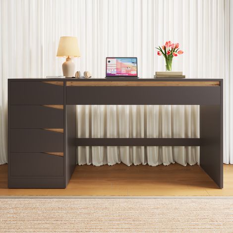 Bureau 140 x 50 cm avec 5 tiroirs, plateau spacieux, meuble informatique et coiffeuse en MDF gris avec accents bois clair, pour bureau, chambre et télétravail – CHICFURN (1/5)