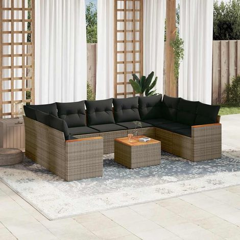 10-tlg. Garten-Sofagarnitur mit Kissen Grau Poly Rattan (1/3)