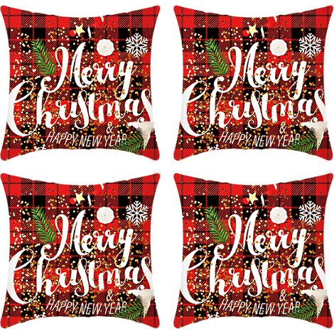 Taie D Oreiller Noel - Lin 45x45 Cm - Fermeture Zip Cachee - Motifs Arbre De Noel Renne Flocons De Neige - Lot De 4 (1/5)
