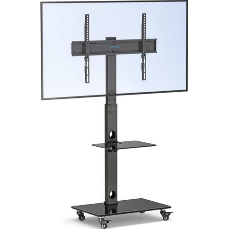 Support TV roulettes Support Tele Mobile pour Téléviseurs Plasma/LCD/LED de 30 à 70 Pouces jusqu'à 40 kg, 6 réglages de Hauteur avec étagères en Verre trempé à 2 Niveaux, Max VESA 600x400 mm