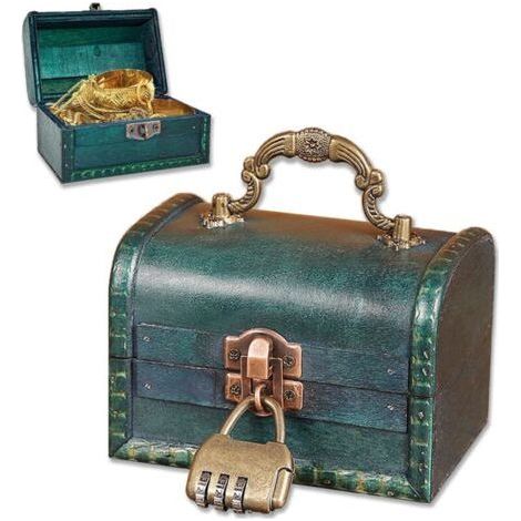 Vintage Wooden Treasure Chest - 1 piece, Vintage Wooden Treasure Chest 11.5×8×8cm Combination Lock - Emerald, Mini Storage (1/5)