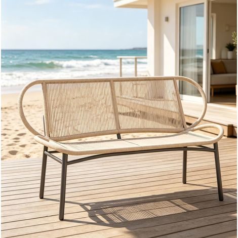 Panchina da giardino 2 posti in resina PE e metallo, 138 x 62 x 83 cm, nero/naturale OKMYHOME (1/5)