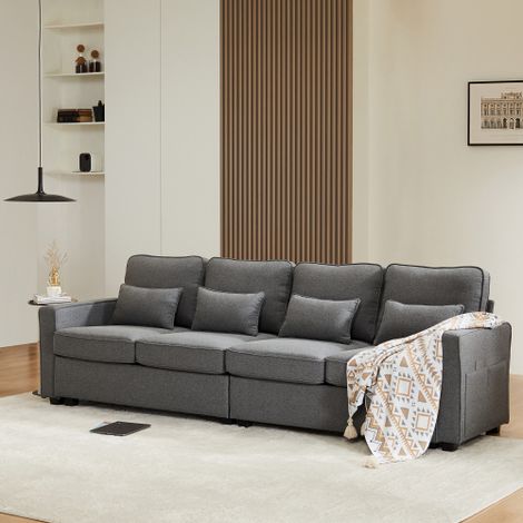 Sofá de 4 plazas gris oscuro, chaise longue con consola, portavasos y 2 puertos USB, 264x83x87 cm (1/5)