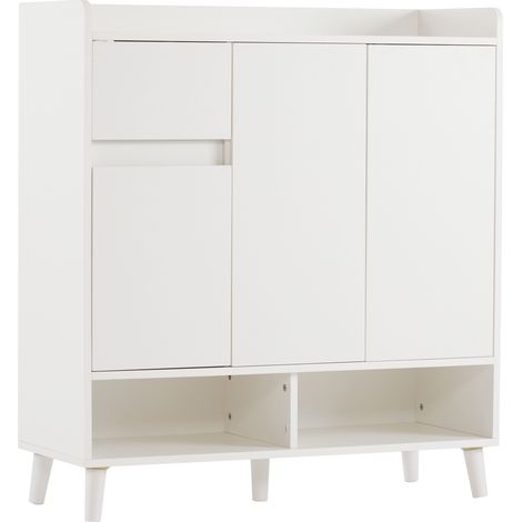 Meuble à chaussures blanc, étagères réglables, pieds en bois, sans poignées 90 x 35 x 99 cm (1/5)