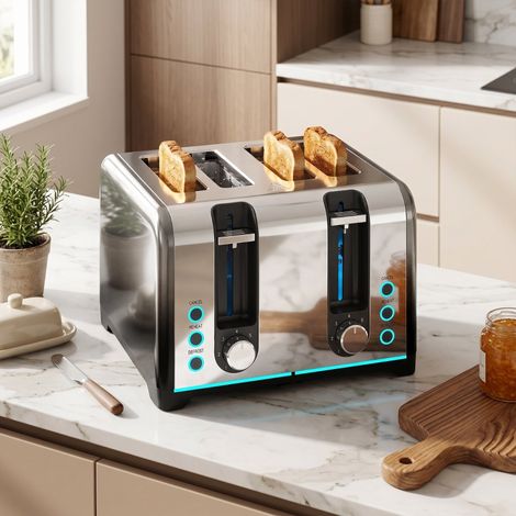 Grille-pain 4 tranches avec 7 niveaux de brunissage, fonctions réchauffage, décongélation et arrêt (1/5)