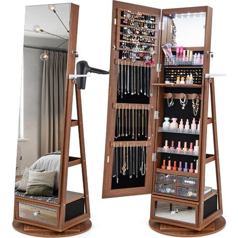 Armoire à Bijoux Pivotante 360°, Miroir Pleine Longueur, LED, Étagère 3 Niveaux, Marron, Porte Verrouillable CW96721 (1/2)