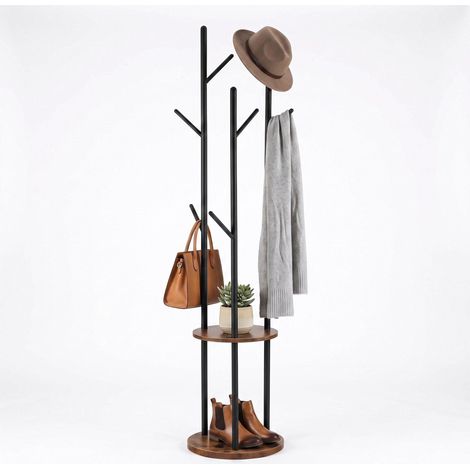 Brown Tree-Shaped Coat Rack with 8 Hooks and 2 Shelves (1/5)