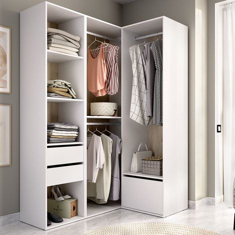 Armario Grande Clayhill, Ropero Modular Dormitorio, 7 Estantes, Perchero, 124x205h cm Blanco (1/5)