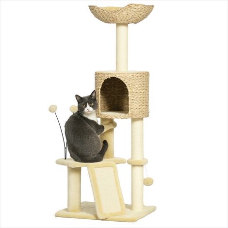Arbre à chat beige avec niche et panier en peluche Bois (1/5)