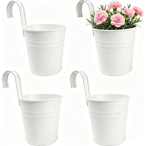 4 Stück Blumentopf Hängend, 16cm Metall Hängetopf mit Abnehmbarem Haken und Drainagelöchern, Hängende Blumentöpfe für Balkon, Garten, Geländer, Innen und Außen (Weiß) (1/5)