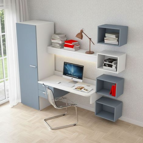 Scrivania sospesa design con mensola luminosa, pensili e armadio - Bianco e Avio (1/5)