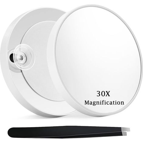 Miroir grossissant 30x avec ventouse et pince à épiler (2 ventouses) : Miroir de maquillage de qualité professionnelle pour le maquillage, les soins de la peau et la mise en forme des sourcils. (1/5)