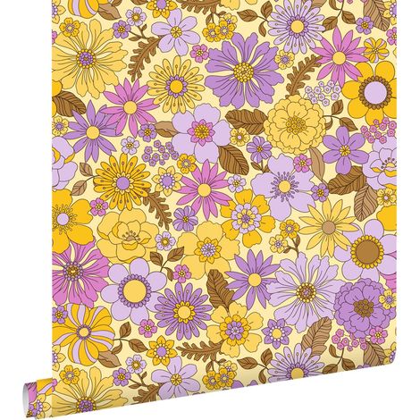 papier peint fleurs rétro jaune et violet - ESTAhome (1/5)