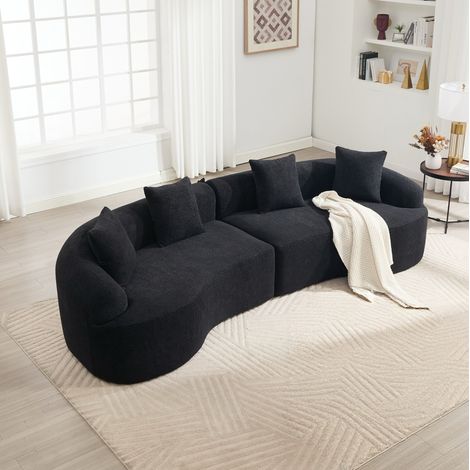 Divano modulare 4 posti in ciniglia nera, forma curva, 275 x 115 x 63 cm, senza montaggio (1/5)