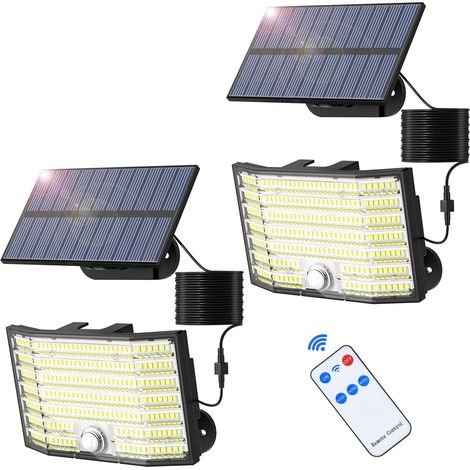 Lot de 2 lampes solaires d'extérieur à 226 LED avec détecteur de mouvement, 3 modes d'éclairage IP65, angle d'éclairage de 180 °, applique murale solaire pour jardin, garage, avec câble de 5 m (1/5)