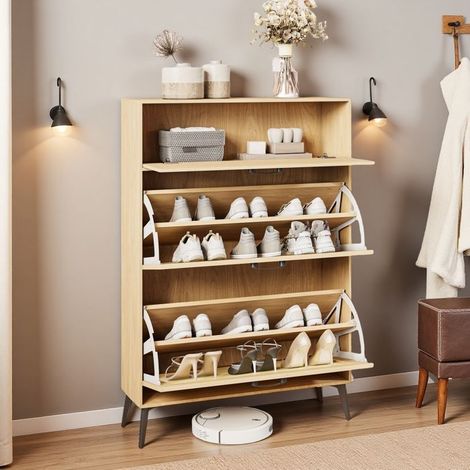 Mueble para zapatos 20 pares 3 abatibles de ratán, Armario para zapatos, Perchero, Mueble de almacenamiento de entrada, Estilo moderno (1/5)