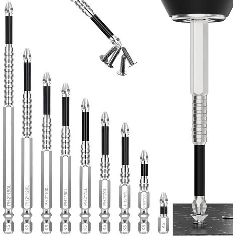Set mit 9 magnetischen Schraubendreherbits, magnetische Schraubendreherbits, langlebige magnetische Schraubendreherbits, rutschfeste Phillips-Bits, für elektrische Bohrmaschinen (25 50 65 70 75 90 100