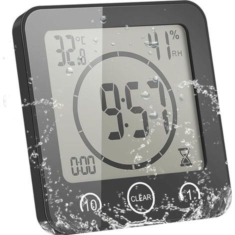 Horloge de Salle de Bain, Alarme Numérique LCD Avec Horloge de Douche Tactile étanche, Humidité de la Température, Compte à Rebours, 3 Méthodes de Montage, Alimentation par Batterie (Noir) (1/5)