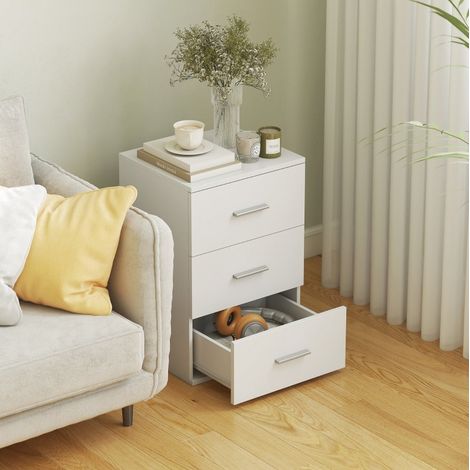 MODFU – Comodino bianco in MDF melaminico con 3 cassetti a scorrimento fluido, maniglie argentate, portata 20 kg e anti-ribaltamento – Bianco (1/5)
