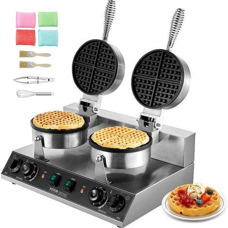 Gaufrier Commercial 2460 W, Appareil à Gaufre Ronde à Double Tête, en Acier Inoxydable, Antiadhésif, avec Contrôle de la Température et du Temps, pour Restaurant Boulangerie Snack Bar Famille (1/5)