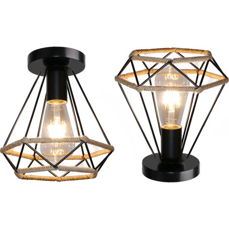 2PCS Plafonnier en Métal et Corde de Chanvre Cage Diamant E27 Rétro Industrielle Lustre Suspension pour Couloir Escalier Chambre Noir (1/5)