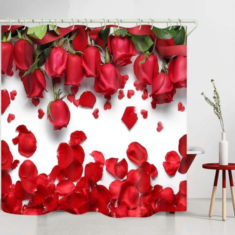 Rideau de douche imperméable Yaju à motif de roses rouges, avec 12 crochets en acier inoxydable, 180 x 183 cm (71 x 72 pouces), 1 pièce - Rouge (1/5)