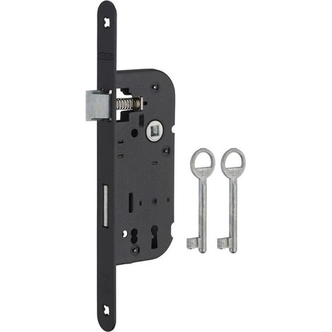 Serrure encastrable à clé pour porte d'intérieur – Axe 40mm – Entraxe 70mm – Bouts ronds – 2 clés fournies – Acier noir (1/5)