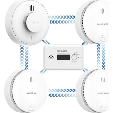Kit d'avertisseurs de fumée, de Chaleur et de monoxyde de Carbone interconnectés sans Fil, pré-connectés, avec déclenchement à Distance (3 Fumée + 1 CO + 1 Chaleur)