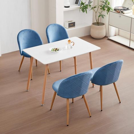 Esstisch-Set mit 4 Samtstühlen, rechteckig, 110x70cm, blau/weiß (1/5)
