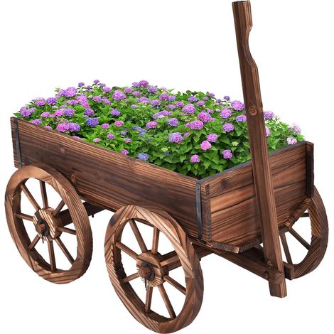 COSTWAY Fioriera da Esterno in Legno a Forma di Carrello, Carriola Portafiori dal Design Vintage, Decorazione per Giardino e Cortile, Marrone (1/5)