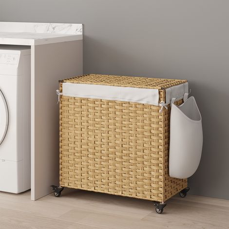Panier à Linge avec Couvercle, 140 L, avec Roulettes, 3 Compartiments, Doublure Amovible, pour Chambre, 66 × 33 × 66 cm, Couleur Naturelle (1/5)