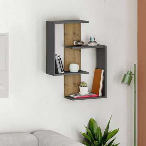 Dmora - Estantería Dpiemont, Estante, Estante de pared, Estanterías multiusos, 64x22h85 cm, Antracita y Roble (1/5)
