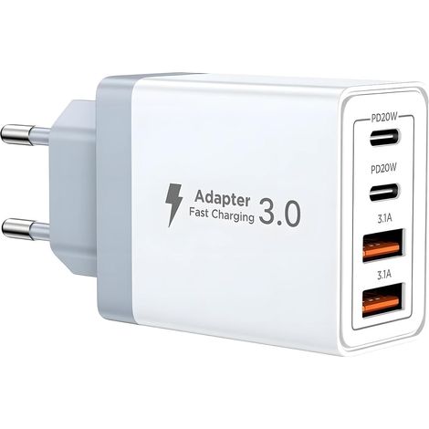 Chargeur USB C 40W 4 Ports Bloc Secteur Rapide avec Double PD+QC 3.1A Compatible avec iPhone 17 16 15 14 13 12 11 Pro Max X XS XR 8 7 SE Mini iPad Samsung Galaxy Tablettes Multiport Type C Adaptateur (1/4)