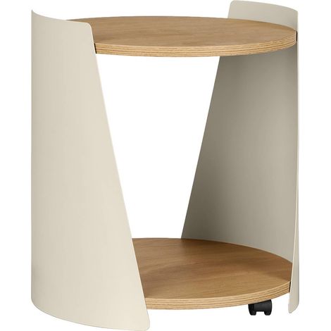 Curved metal side table with wood decor and casters, beige 40x39.5x47.5 cm - Molto