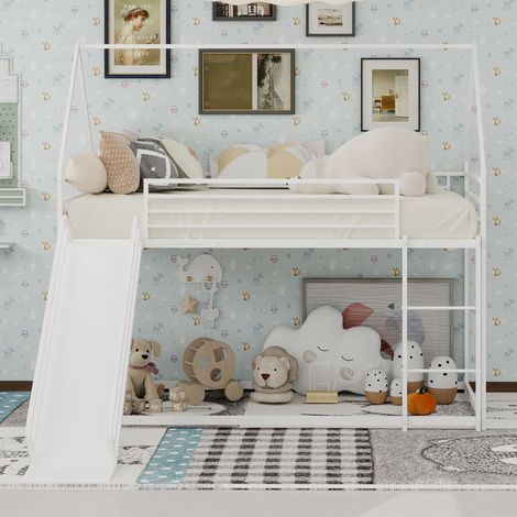 Lit superposé deux lits jumeaux avec toboggan, maisonnette pour chambre d'enfant, échelle incluse, sans sommier requis, montage simple