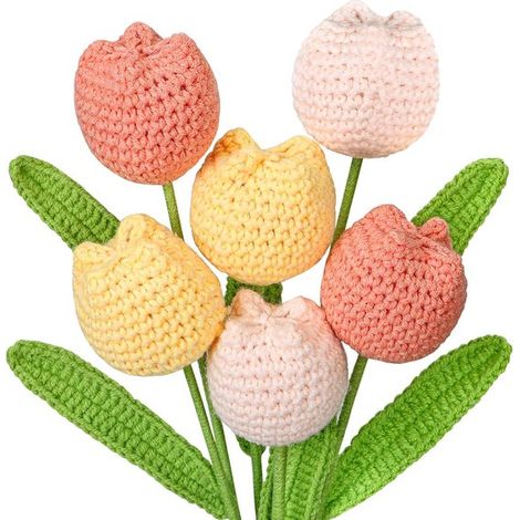 6 ramos de tulipanes tejidos a mano a crochet - Flores artificiales suaves para decoración y regalo (1/5)