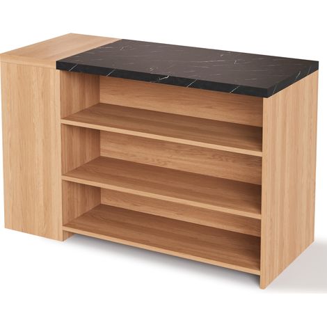 Îlot de cuisine multifonction avec bar, 5 niveaux de rangement & tiroir caché, plateau épais imitation marbre noir et chêne, 140×60×90 cm (1/5)