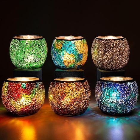 Bougeoir Verre en Mosaïque, Photophore Chandelier Romantiques, Décoration De Porte-Bougie Coloré Fait à La Main pour Anniversaire, Mariage, Noël, Fête, Centre De Table (1/5)