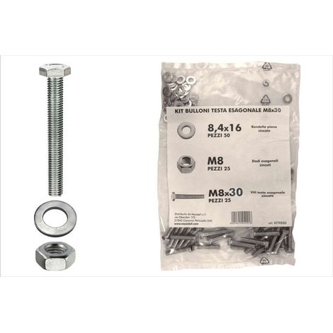 Kit viti testa esagonale M8 x 30 + dadi + rondelle - 200 pz.