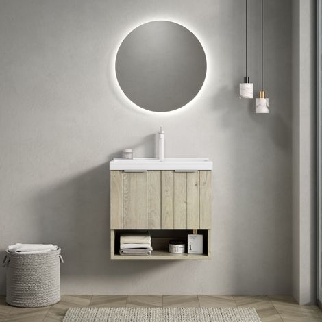 55cm Wandhalterung Badezimmer-Waschtisch mit weißem rechteckigem Keramikwaschbecken, gestreiftem Schrank mit Doppeltüren und offenem Regal, Eiche cremefarbene Holzmaserung Farbe