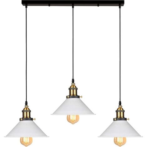 3 Lampes Suspension Luminaire Industrielle Lustre Plafonniers Design Edison Métal Lustre Suspension avec Support en Barre, Ø 22cm, Blanc (1/5)