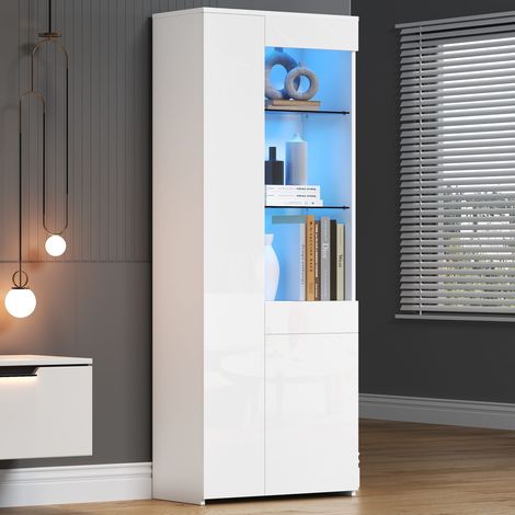 Vitrina Alta con 2 Puertas, 1 Cajón, LED, Salón, 70 × 35 × 180 cm