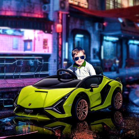 Elektrisches Kinderauto für 3- bis 5-Jährige, 12V Lamborghini Sian, 3-5 km/h, mit 2 Motoren, Scheinwerfern, Musik, Fernbedienung, Sicherheitsgurt und Hupe, Grün