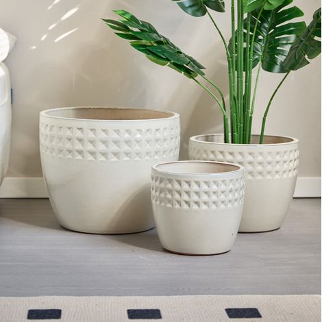 CHICFURN Juego de 3 macetas de cerámica Ø 38/30,5/23 cm blanco crema, relieve, drenaje (1/5)
