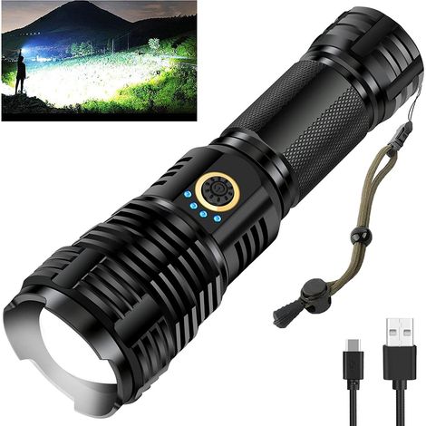 Hochleistungsfähige LED-Taschenlampe mit 90.000 Lumen, wiederaufladbar, 5 Modi und 18 Stunden Akkulaufzeit, wasserdicht nach IPX7, leistungsstarke tragbare Taschenlampe, geeignet für Camping und Famil