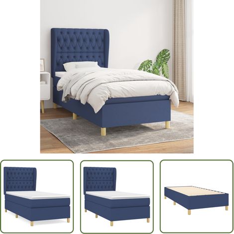 The Living Store Sommier à lattes de lit avec matelas Bleu 90x200 cm Tissu - Lit Plateforme - Lit Double - Literie - Matelas À Ressorts Ensachés - Têtière Ajustable (1/5)