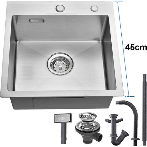Auralum Fregadero Cocina 1 Seno 45 x 45 cm, Fregadero de Acero Inoxidable Cepillado, Fregadero Enrasado o Sobre Encimera con juego de rebosadero y desagüe