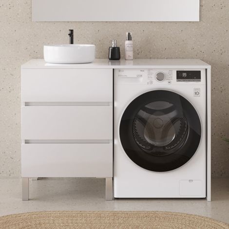 Meuble lave linge 124cm avec plateau et vasque ronde - sans miroir - 3 tiroirs - blanc - CRUZ (1/5)
