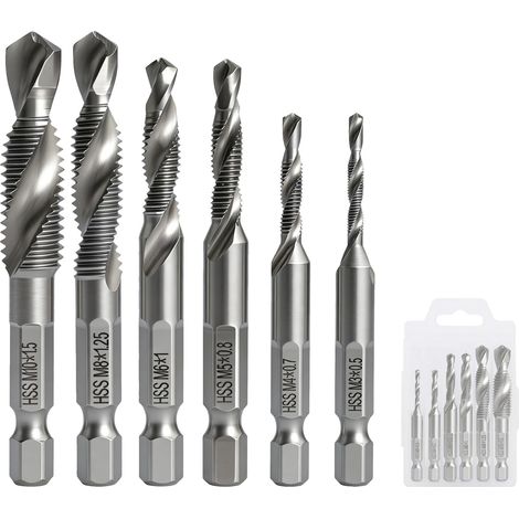 6 Pièces Forets Taraudeurs Combinés M3 M4 M5 M6 M8 M10, Kit Taraudage, Taraud-Foret Combiné, Tige Hexagonale, Revêtement Antirouille, outils multifonction pour Perçage et Taraudage Simultané (1/5)