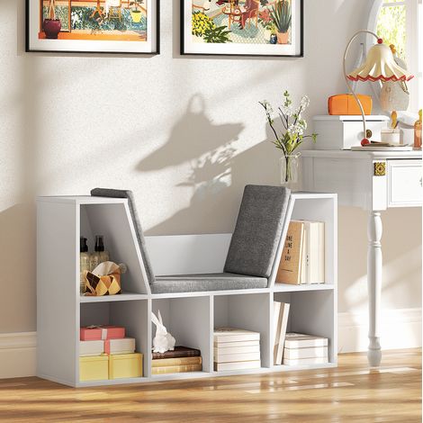 Bibliothèque avec coussin d’assise, meuble de rangement à 6 compartiments, blanc, 105 x 30 x 63 cm, pour salon et chambre – CHICFURN (1/5)